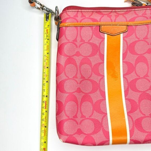 Coach Signature Stripe Crossbody Bag Pink Orange Canvas Leather Trim - Picture 7 of 8
